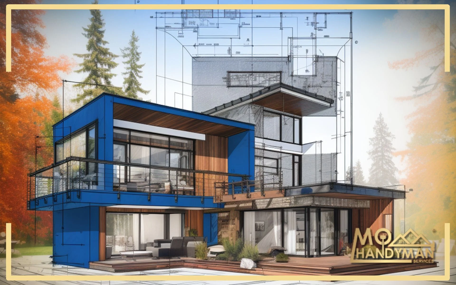 Visualizing bespoke home building, this image illustrates a house's evolution from architectural plans to a unique, custom-designed residence with innovative features