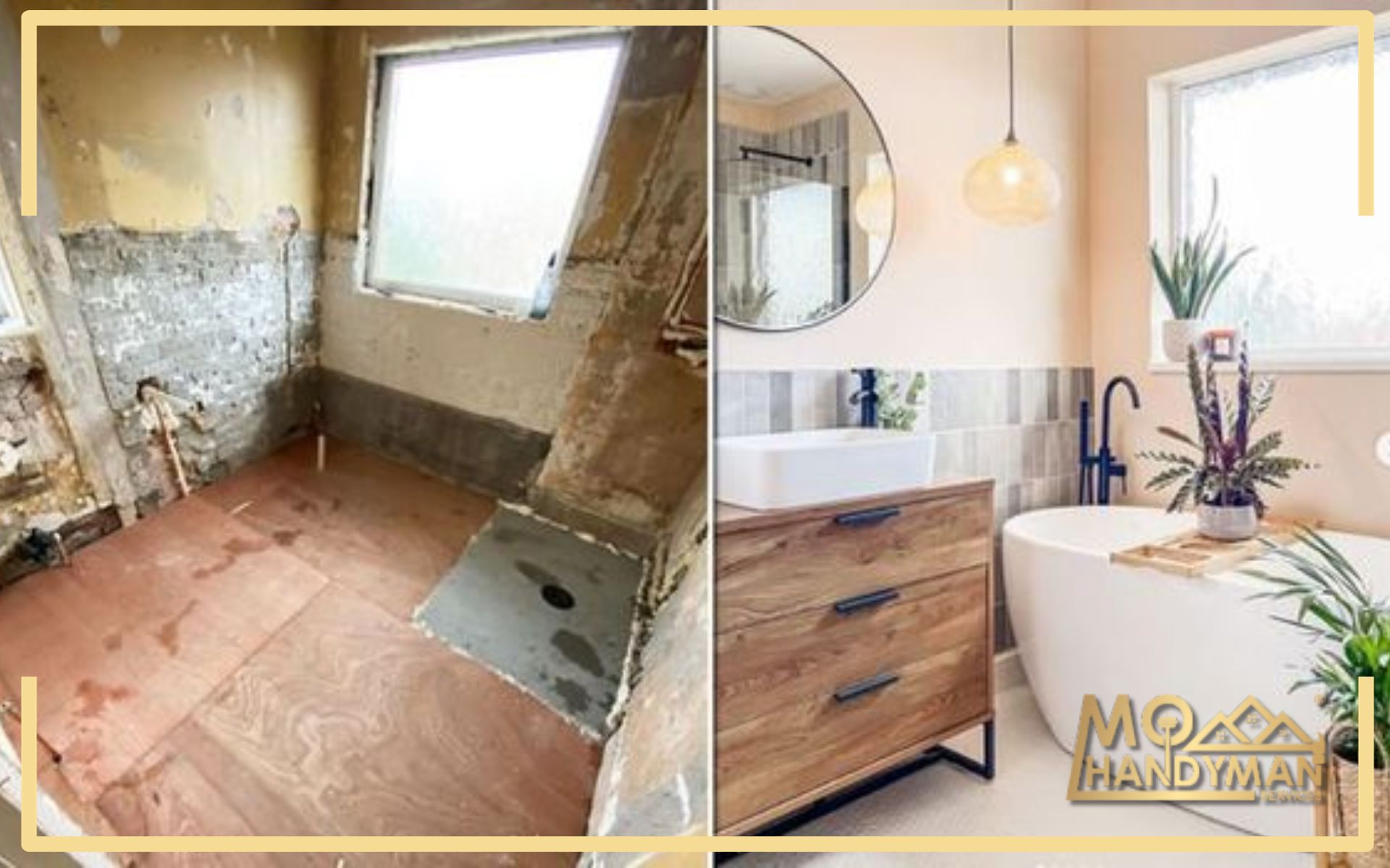 Before and after transformation of a full house renovation by Mo Handyman Services, showcasing expert craftsmanship and stunning design.