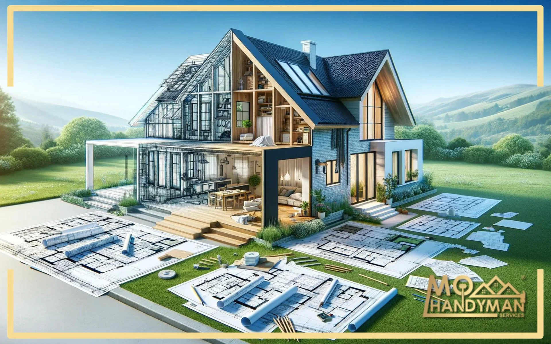 An artistic depiction of personalized architecture, featuring a house in mid-construction with one side as a detailed blueprint and the other as a finished structure.