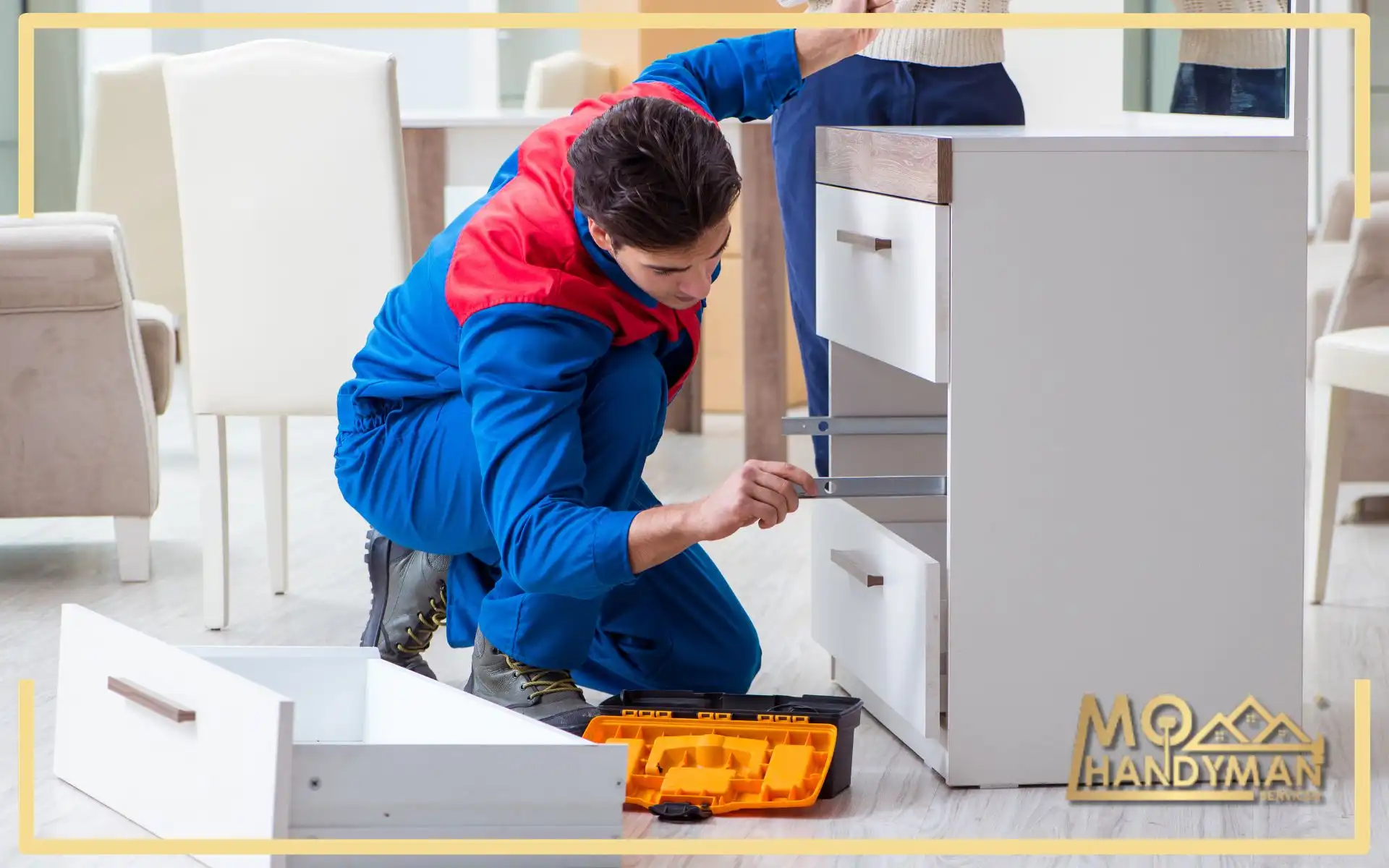 Comparative image of DIY vs Professional Assembly, showing a disorganized, unfinished DIY project next to a neatly assembled furniture setup by professional services.