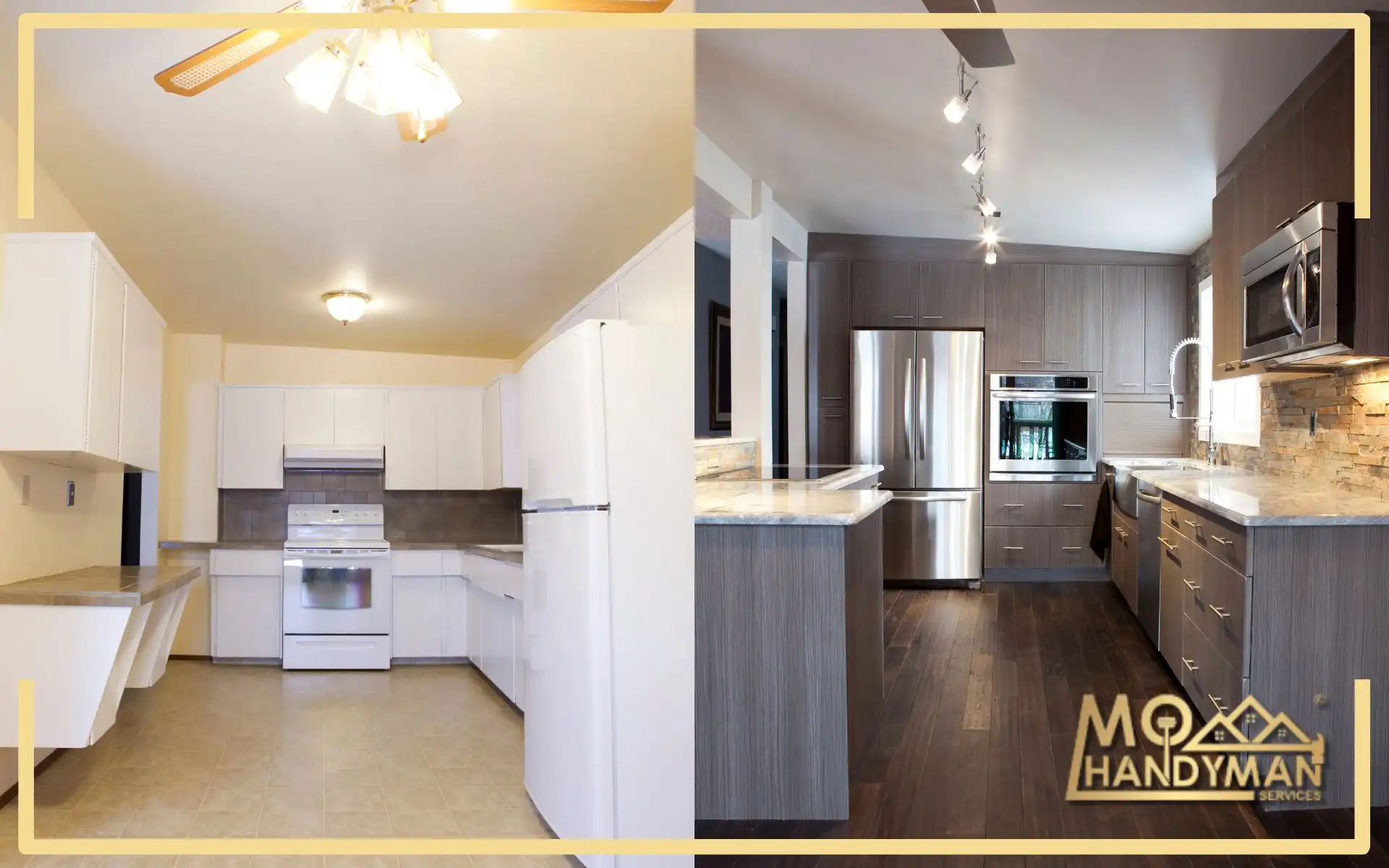 Before and after view of a kitchen remodel showcasing a transformation from dated design to a sleek, modern kitchen with granite countertops, stainless steel appliances, and dark hardwood flooring, illustrating a significant upgrade in style and functionality.