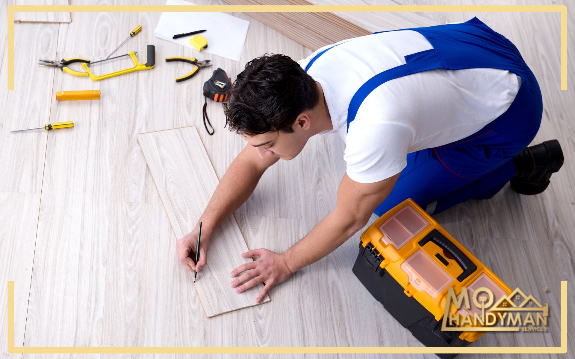 A focused handyman in a blue and white uniform meticulously measures a laminate plank for accurate cutting, surrounded by tools of the trade, showcasing the precision required in professional flooring services offered by MoHandyman.