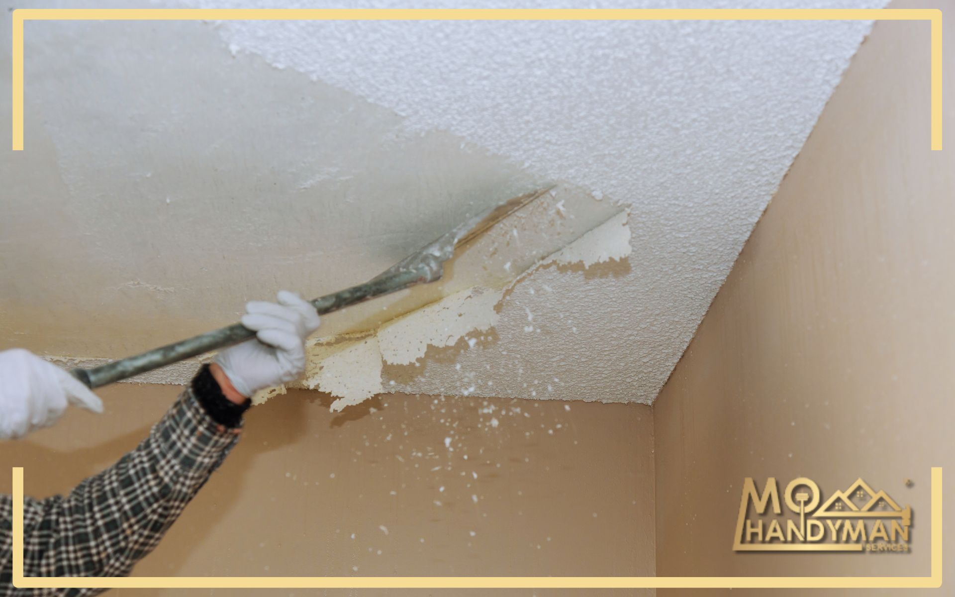 Tutorial image capturing the method of fixing holes in a plaster ceiling, including the tools and materials needed to ensure a seamless and durable repair.