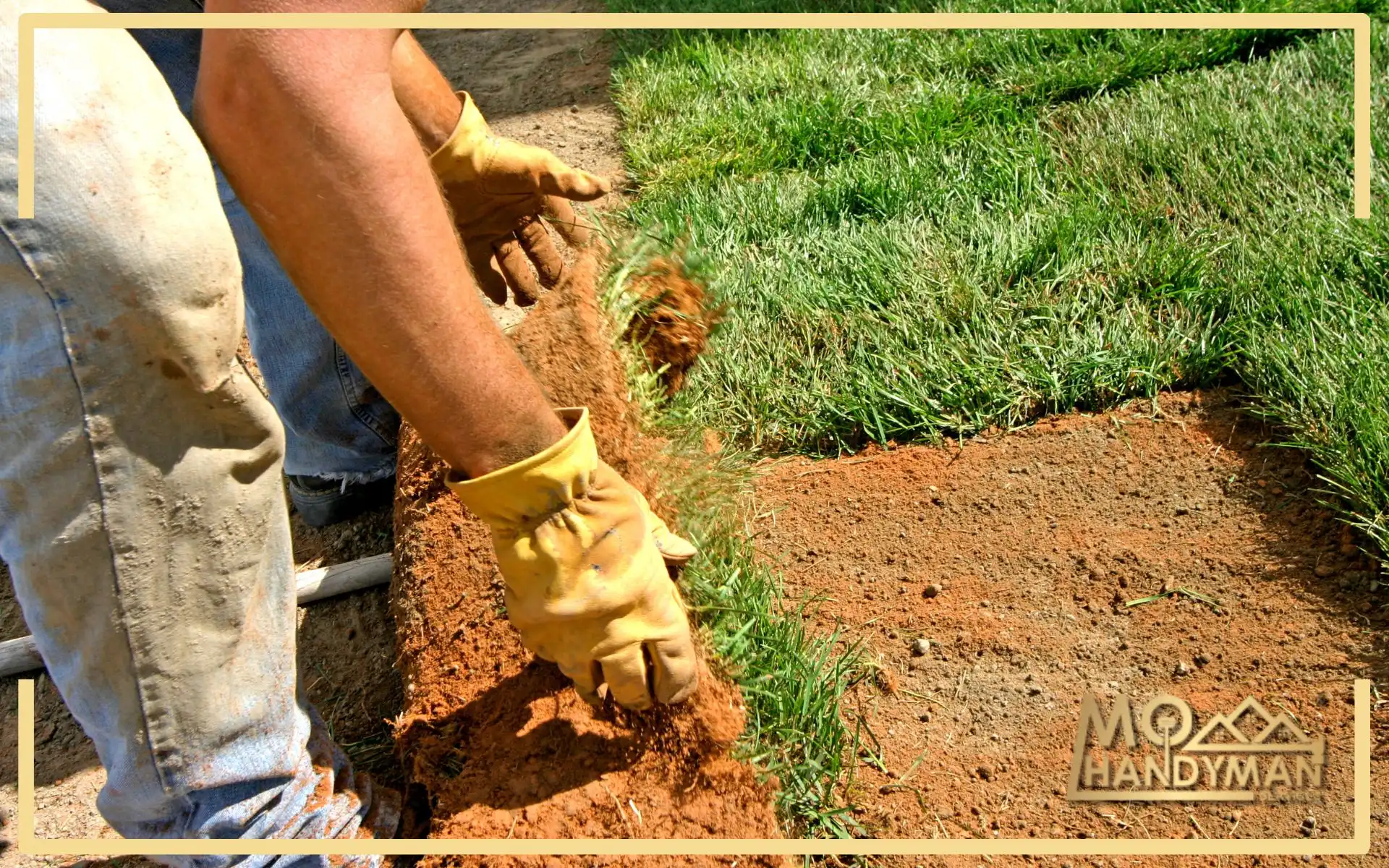 Skilled worker from MO Handyman Services expertly preparing soil for fresh sod in a garden, demonstrating quality garden maintenance and landscaping care services.