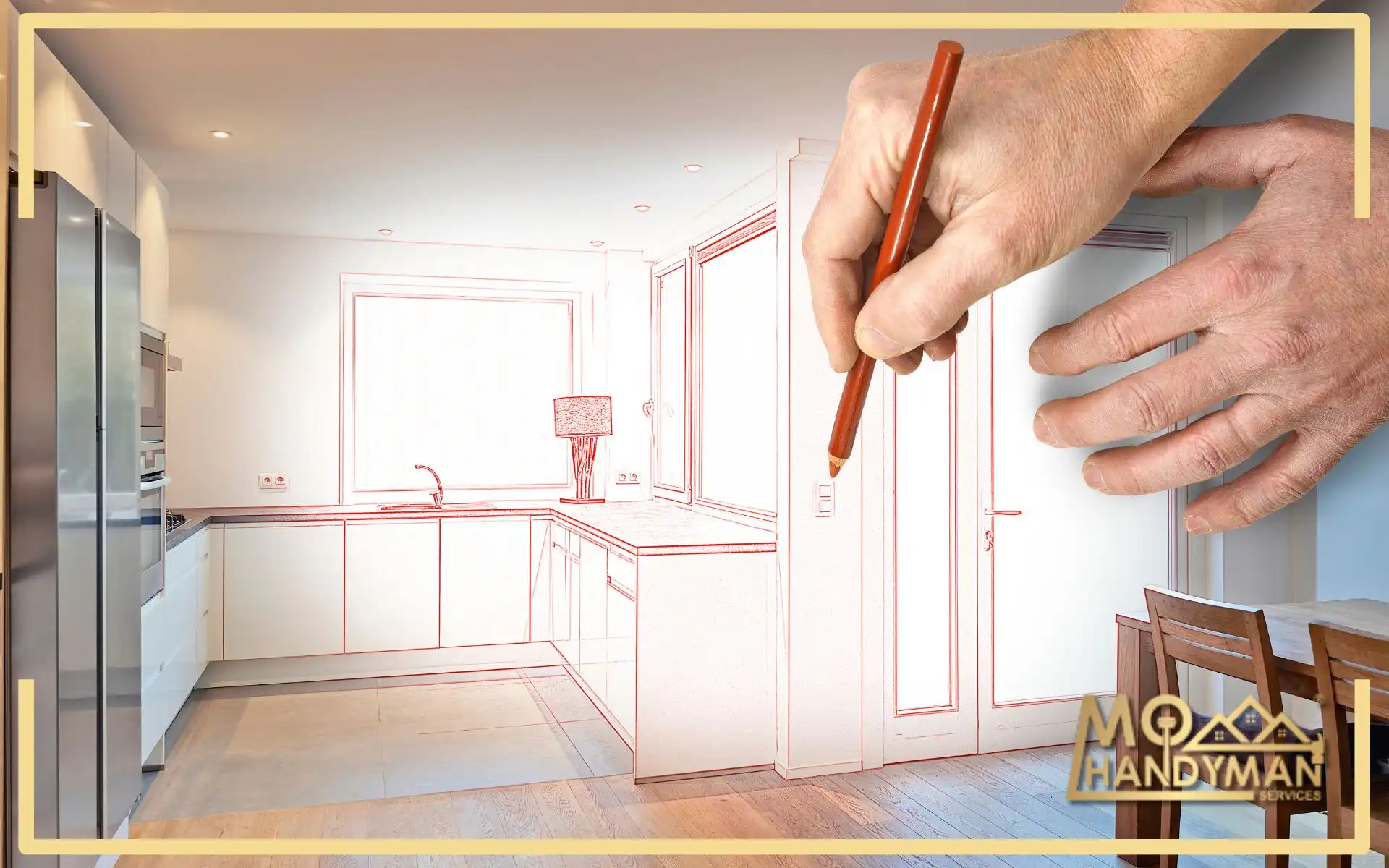 Close-up of a designer's hands drawing the final touches on a kitchen blueprint, overlaying a real modern kitchen scene, symbolizing the meticulous planning behind a successful kitchen renovation with attention to detail.