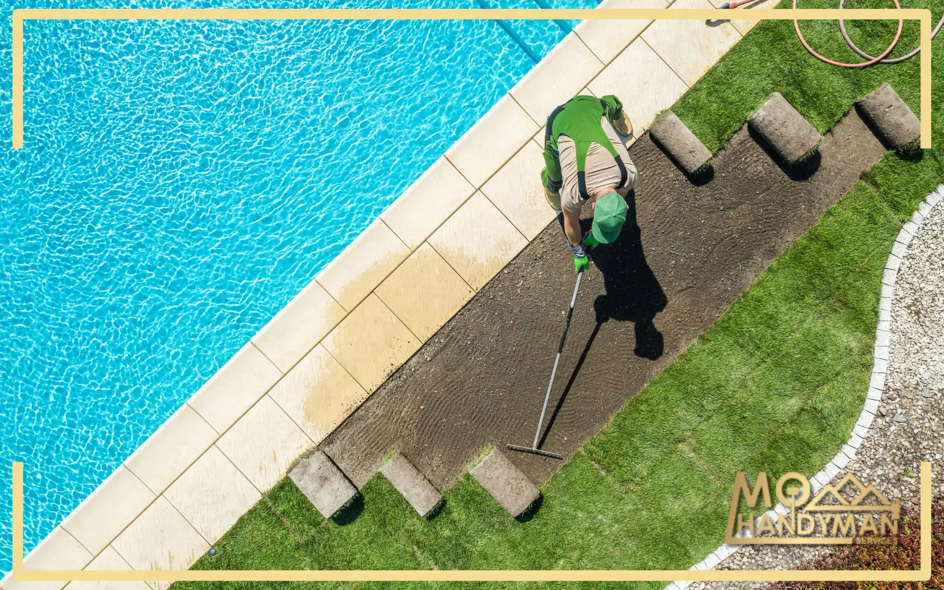 Professional from MO Handyman Services installing lush sod next to a sparkling pool, illustrating expert landscape installation services with precision and care for backyard enhancement.