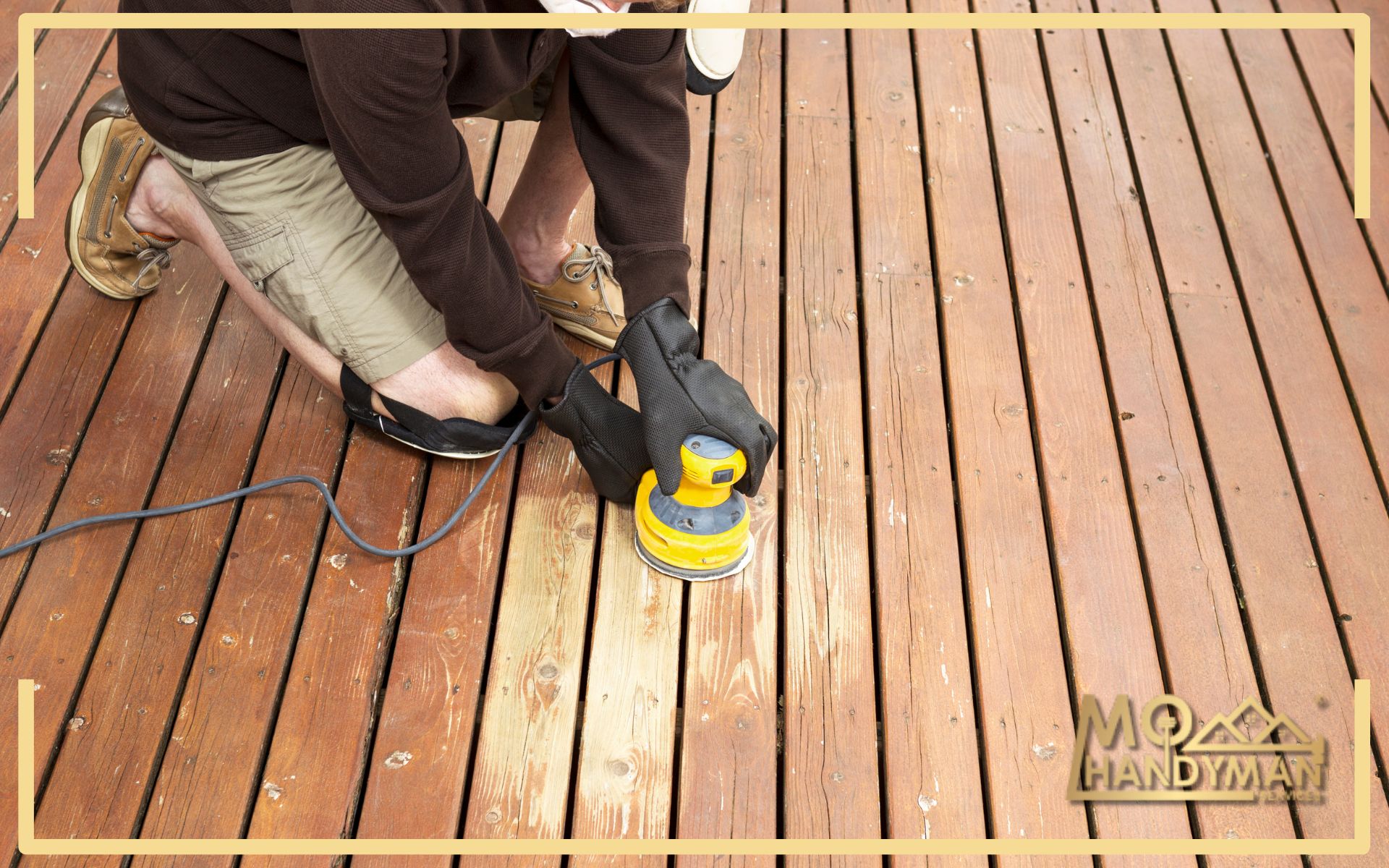 Process of sanding wood decks using electric sanders and hand tools, emphasizing the importance of deck sanding tools for a smooth surface.