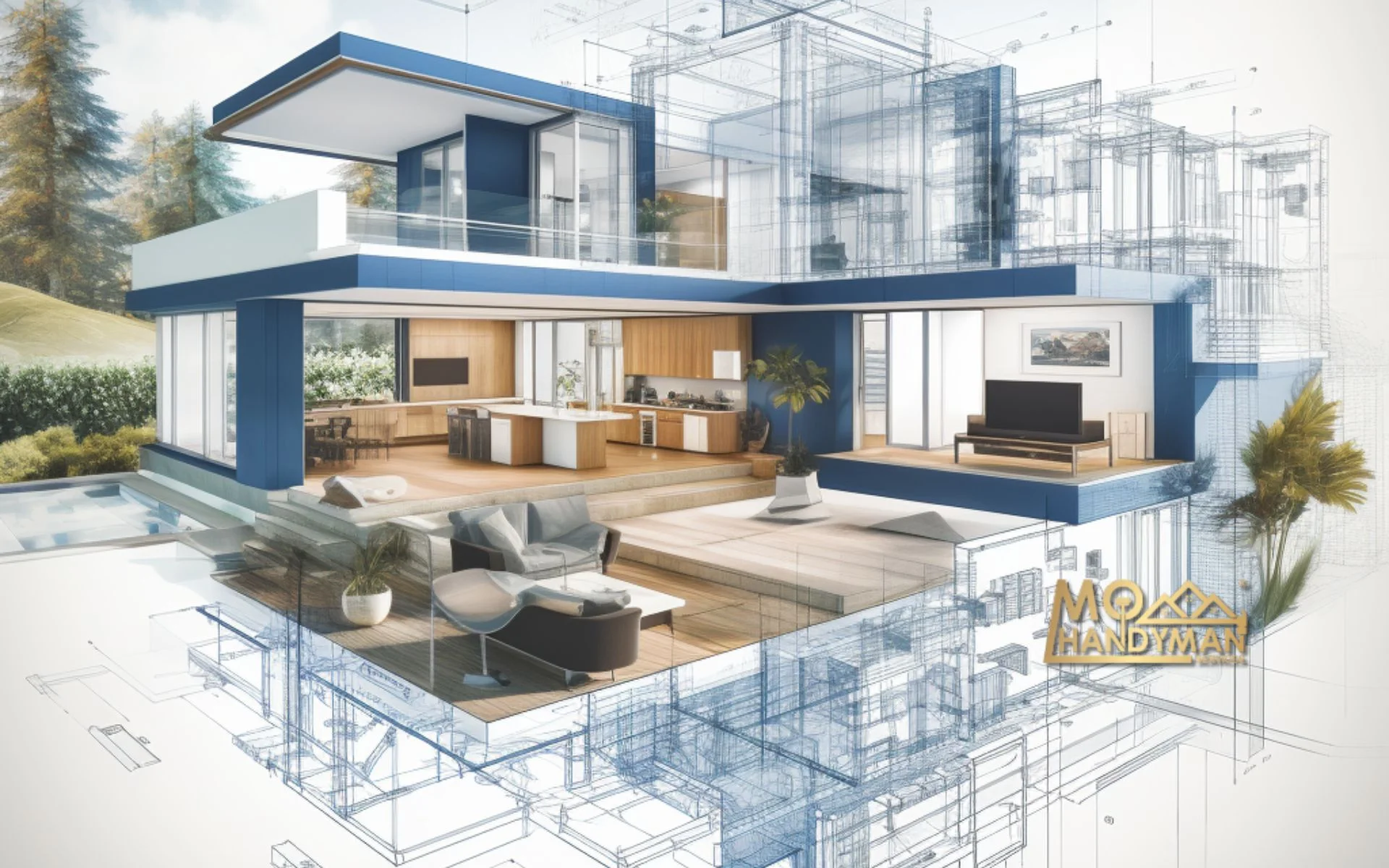 A creative representation of a custom home design process, showing a half-completed house transitioning from blueprint to a modern, eco-friendly home.