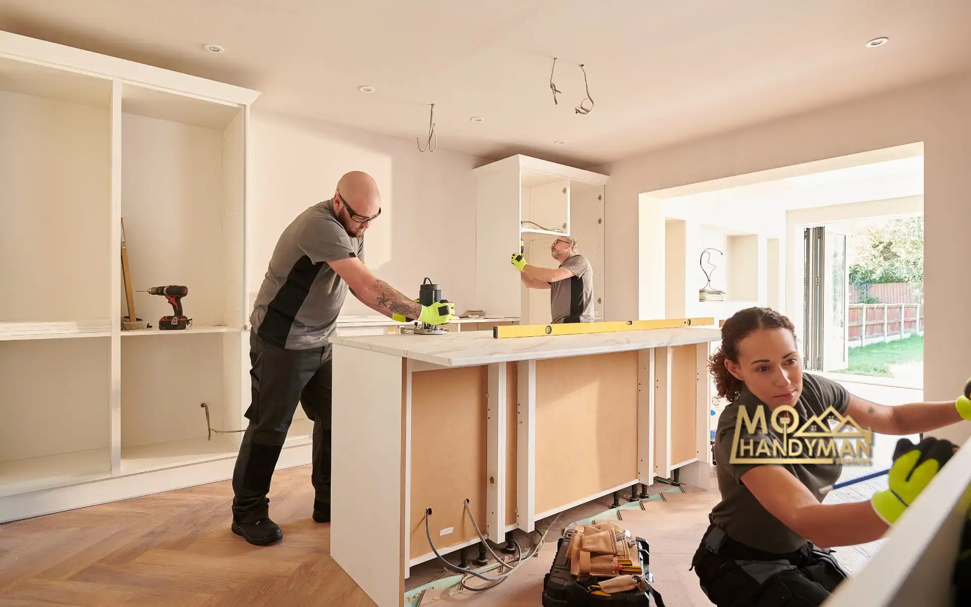 Team of kitchen remodeling contractors working on a new kitchen installation, featuring a woman aligning cabinets and men measuring and drilling to fit granite countertops, embodying modern kitchen design with hardwood flooring under bright natural light.